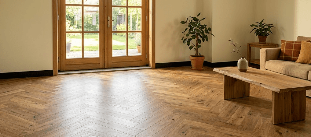 Landelijke woonkamer met een warme houtlook-visgraatvloer, openslaande tuindeuren en planten