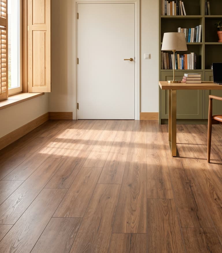 Click PVC/LVT-vloer met houtlook, zwevend gelegd in een woonwerkkamer