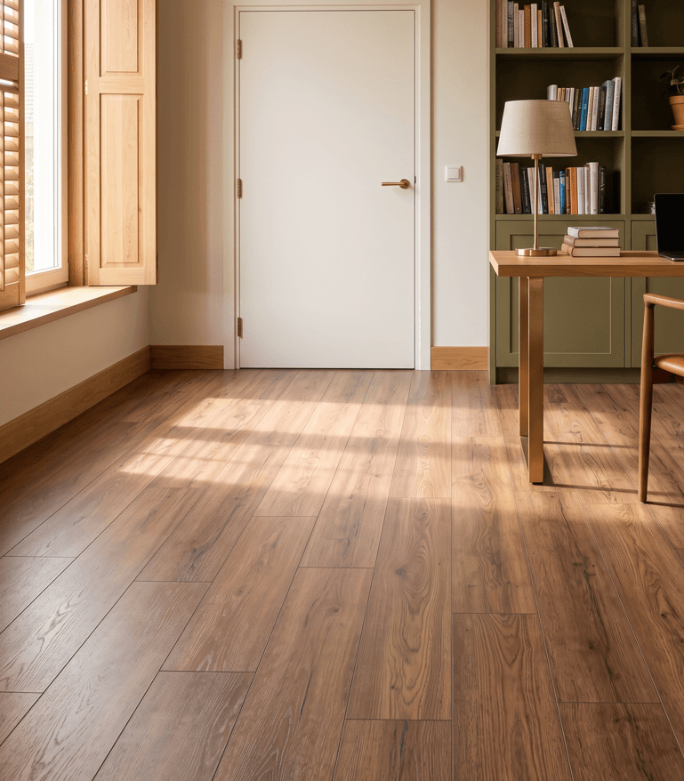Click PVC/LVT-vloer met houtlook, zwevend gelegd in een woonwerkkamer
