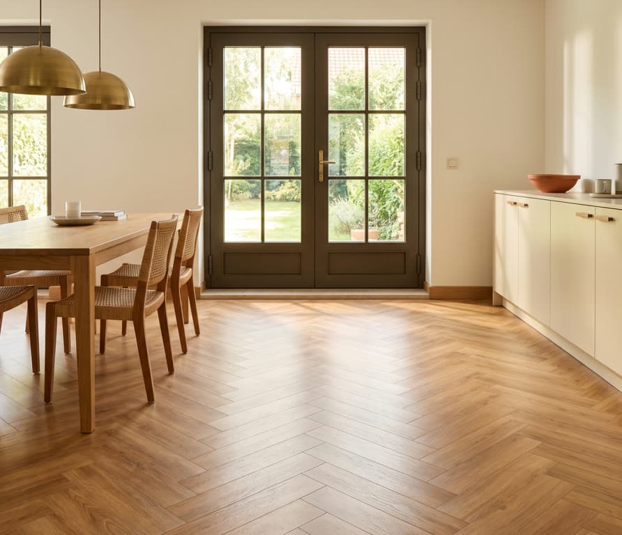 Dryback PVC-vloer in visgraatpatroon in een lichte eetkamer met tuindeuren