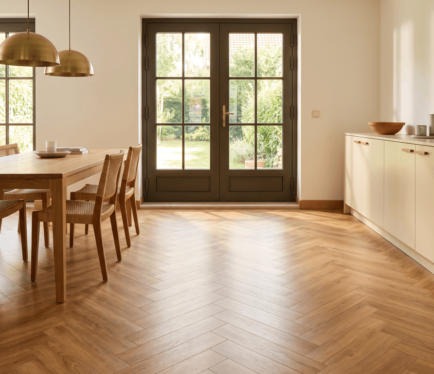 Dryback PVC-vloer in visgraatpatroon in een lichte eetkamer met tuindeuren
