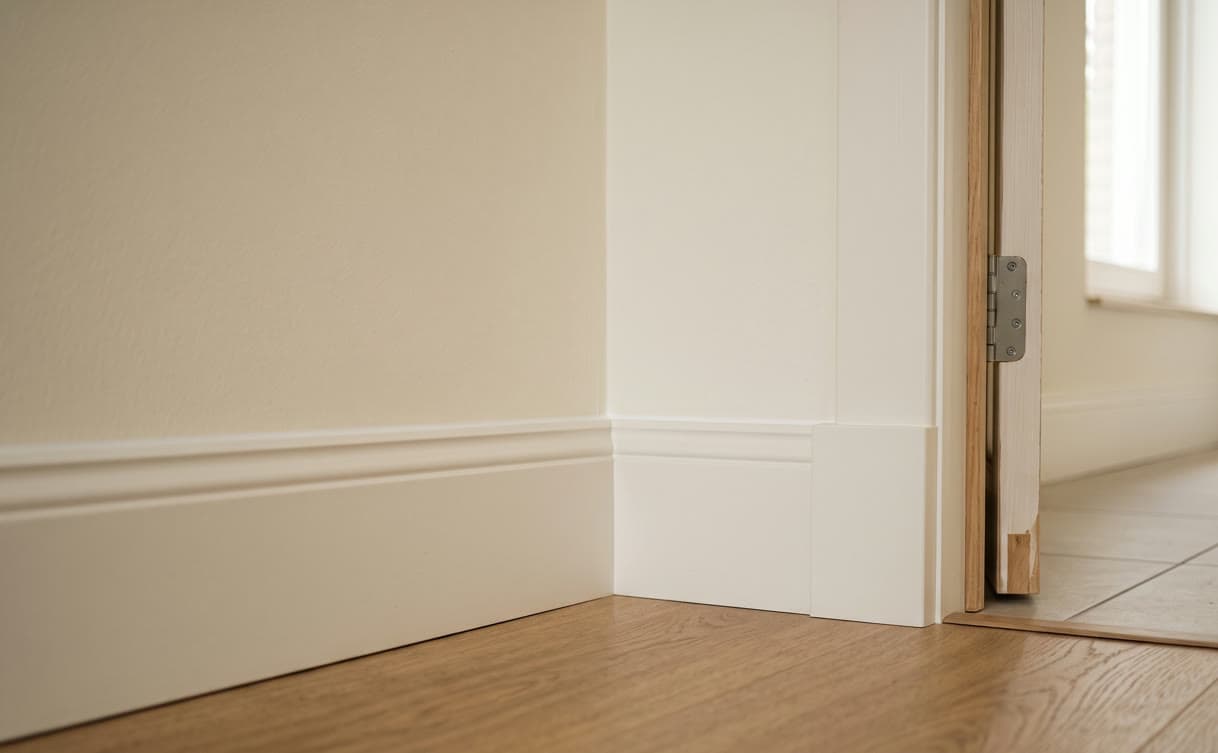 Strak gezette plint met verstekhoek als afwerking tussen vloer en wand