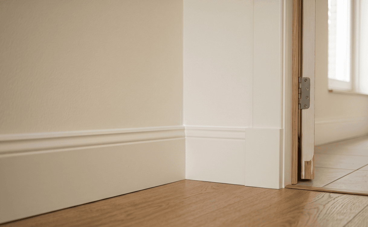 Strak gezette plint met verstekhoek als afwerking tussen vloer en wand
