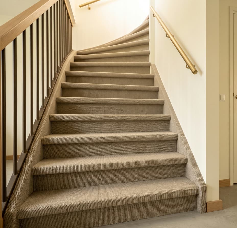 Met tapijt beklede trap met messing leuning, strak per trede afgewerkt