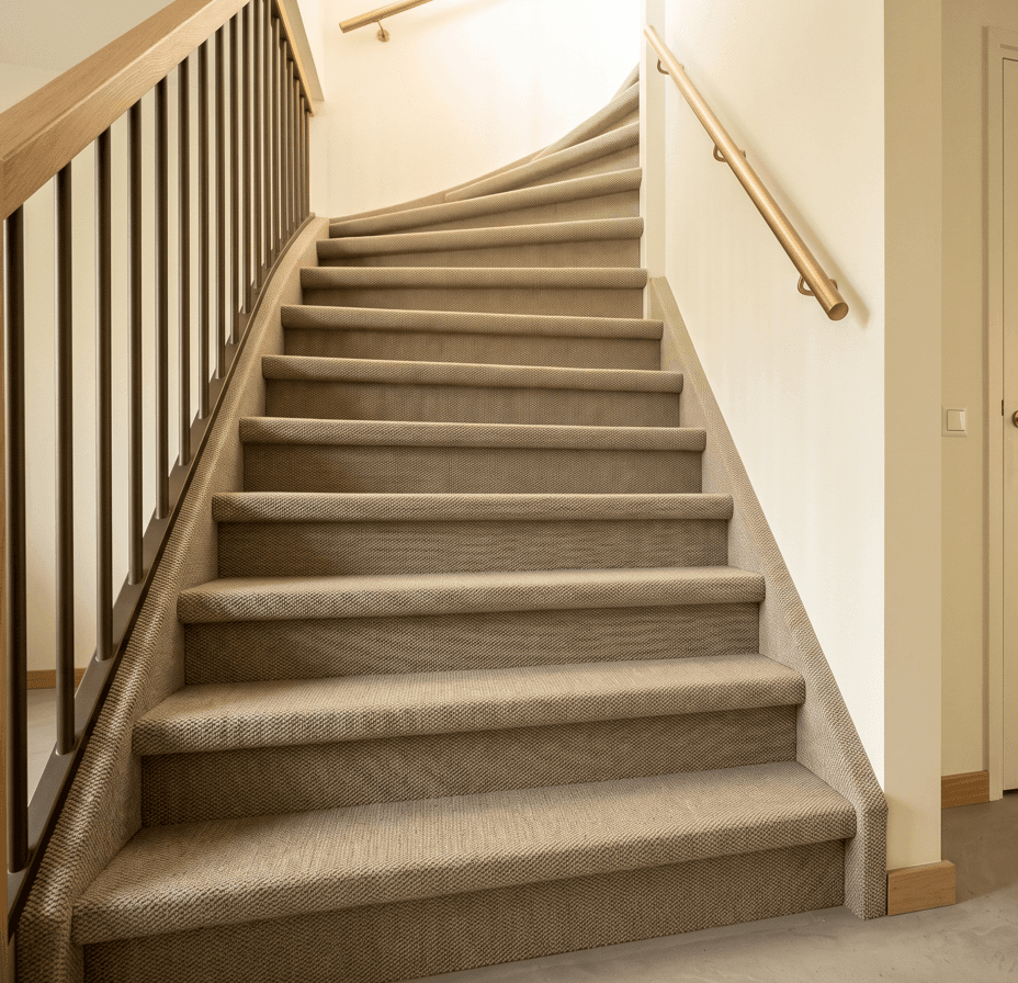 Met tapijt beklede trap met messing leuning, strak per trede afgewerkt